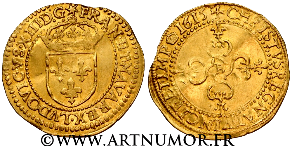 Louis XIII - Ecu d'or au soleil, 1615 B Rouen variété