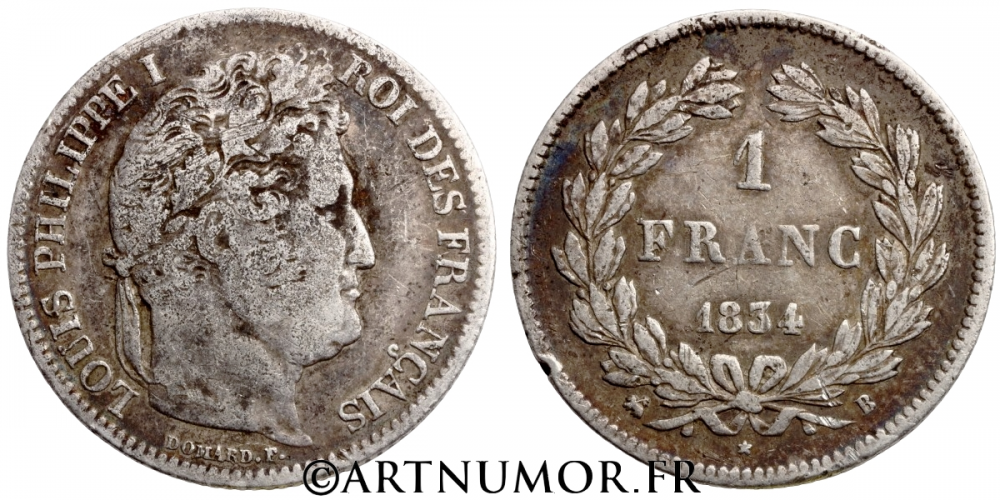 Louis Philippe I (1830-1848) - 1 Franc, 1834 B Rouen. TB