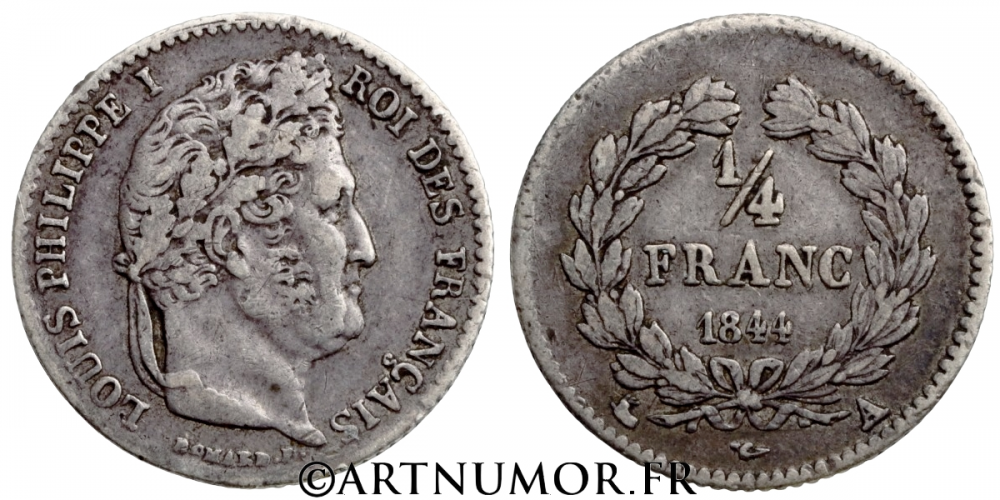 Louis Philippe I (1830-1848) - Quart de Franc, 1844 A Paris. TB+/TTB