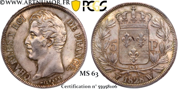 Charles X - 5 Francs, 1828 W Lille | PCGS MS63