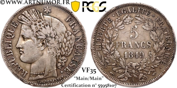 5 Francs Cérès, 1849 A Paris Main/Main | PCGS VF35
