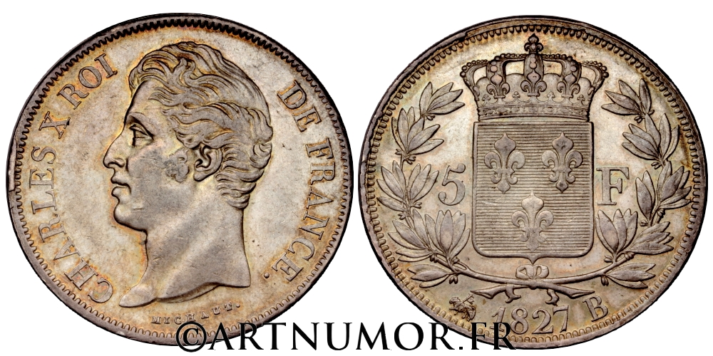 Charles X - 5 Francs 1827 B Rouen. TTB+ / SUP