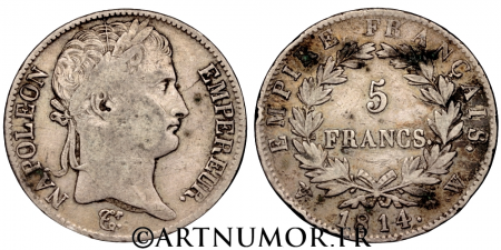 Napoléon Empereur - 5 Francs 1814 W Lille. TB+