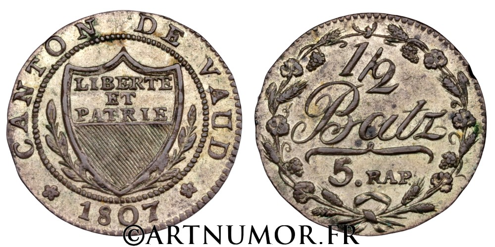 Suisse - Canton de Vaud, 1/2 Batzen 5 Rappen, 1807