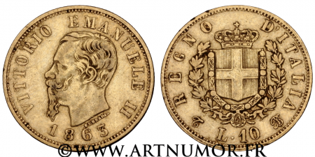 Italie - Victor Emmanuel II, 10 Lire 1863 Turin