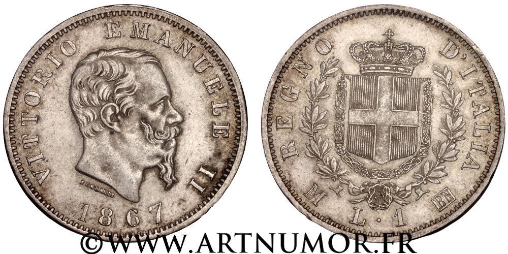 Royaume d'Italie - Victor Emmanuel II, 1 Lire 1867 Milan