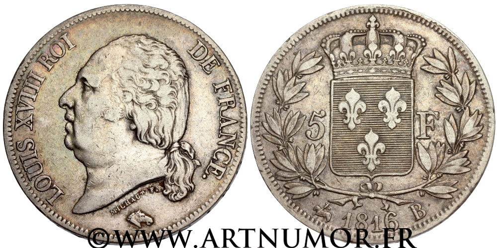 5 Francs Louis XVIII - 1816 B Rouen