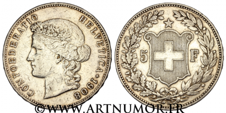 Suisse - 5 Francs Helvetia, 1908 B Berne