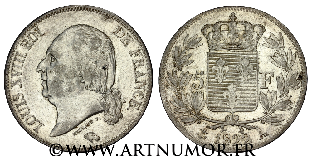 Louis XVIII - 5 Francs buste nu, 1822 A Paris