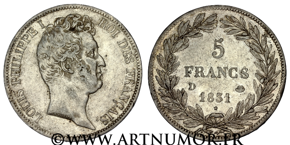 Louis Philippe I - 5 Francs type Tiolier, 1831 D Lyon