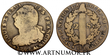 Constitution - Louis XVI, 2 Sols type François, 1792 AA Metz