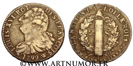 Constitution - Louis XVI, 2 Sols type Francois, 1792 W Lille