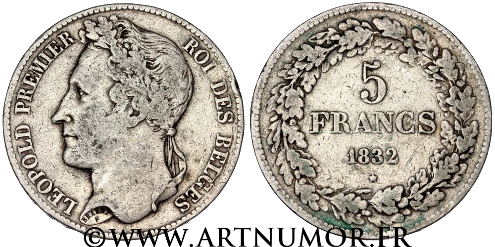 Royaume de Belgique - 5 Francs, Léopold I tête laurée 1832 Bruxelles